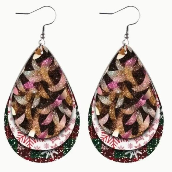 Set of handmade Christmas Teardrop Reversible PU Leather Hook Earrings C4, New! - Picture 1 of 3